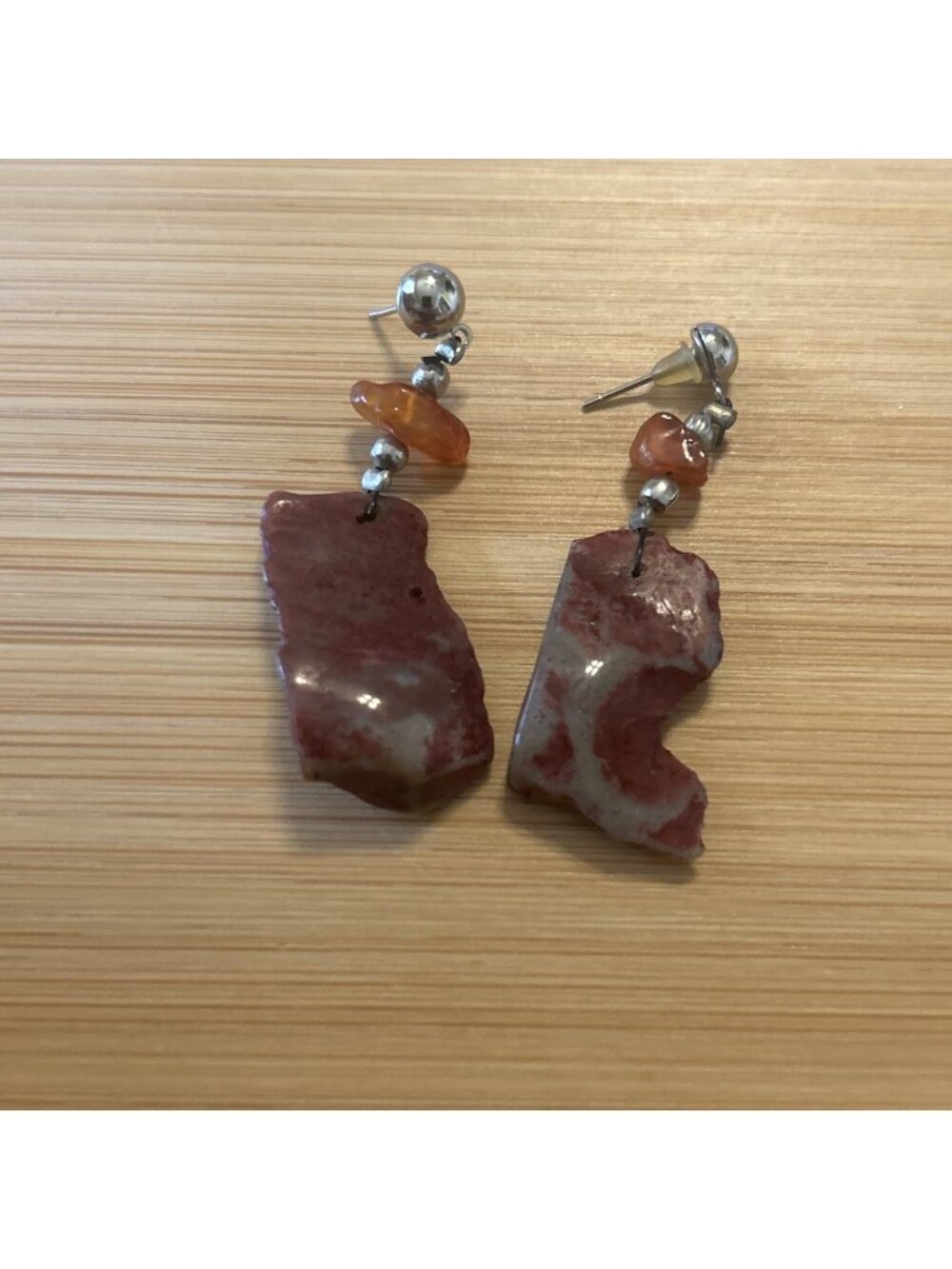 Ladies Artisan Red Art Glass Crystal Stone Bead Silver Tone Hook Dangle Earrings